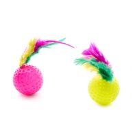 Jucarie pt pisici minge plastic cu pene, 4cm, 2buc