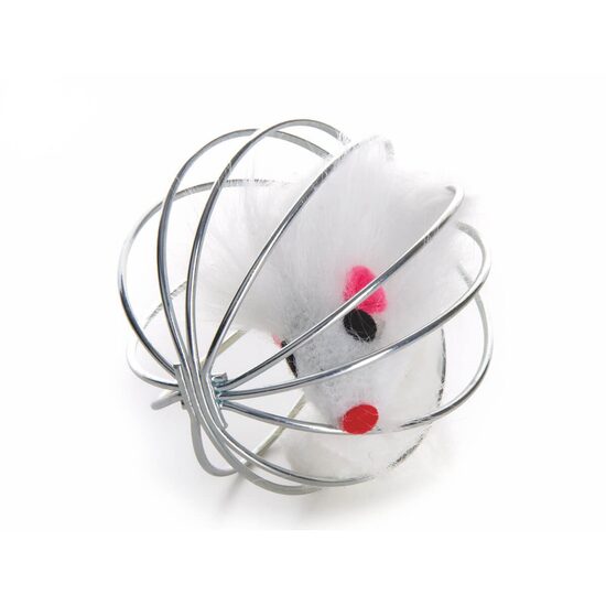 Jucarie pisica Soarece blanita in minge metalica, 6 cm