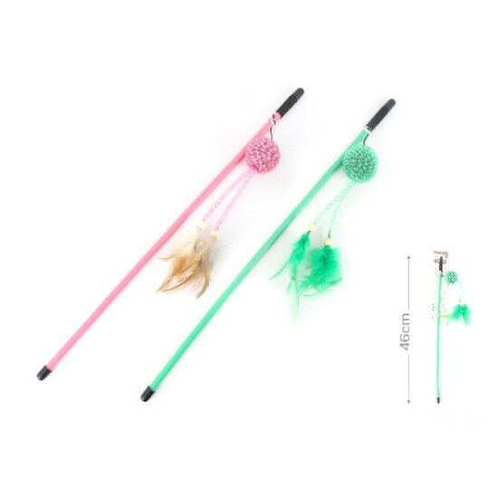 Jucarie pentru pisica, undita minge cu codite pene, 46cm